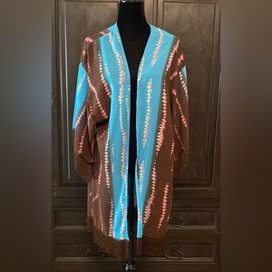 Angie blue & brown poncho/wrap/ cover up with fringes- XL